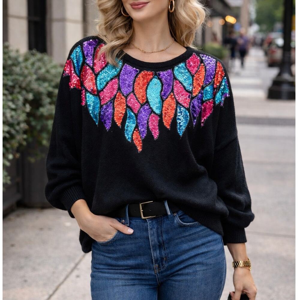 Victoria Jones vintage 90s sequin neckline loose knit dolman sweater size S